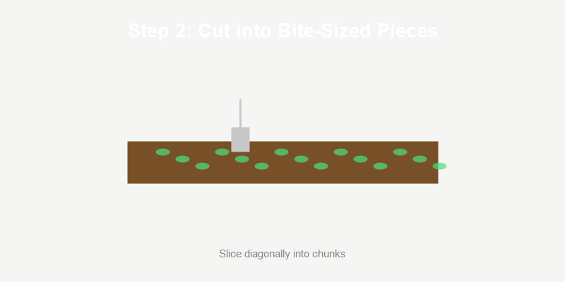 Cutting smashed cucumber into bite-sized diagonal chunks